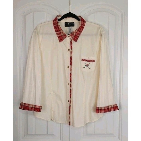 Sag Harbor Tops - Vtg Sag Harbor Women's XL Plaid Collared Cuff Cream Embroidered Golf Preppy